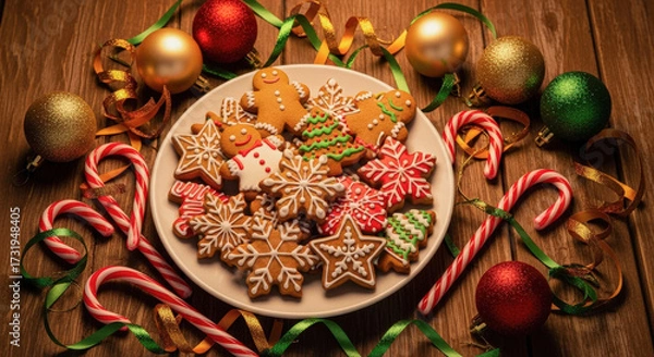Obraz Delicious assortment of gingerbread cookies with festive holiday decorations on a wooden table