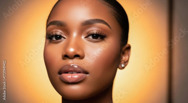 Obraz Close-up portrait of a confident Black woman with glossy lips and radiant makeup under warm studio light