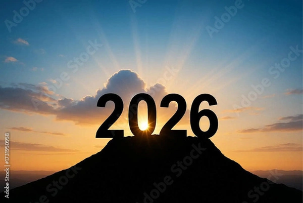 Fototapeta Silhouette of number 2026 on blue cloud, shiny design to celebrate happy new year. Mountain top and the beginning of the new year 2026. Black silhouette of year 2026, in the morning during sunrise