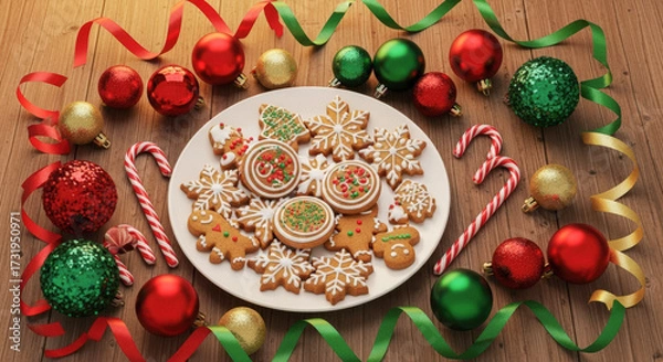 Obraz Delicious Gingerbread Cookies with Christmas Ornaments on Wooden Tabletop