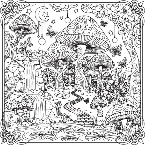 Fototapeta A Whimsical Coloring Adventure: Fairies, a Sleeping Fox, and the Giant Patterned Mushrooms