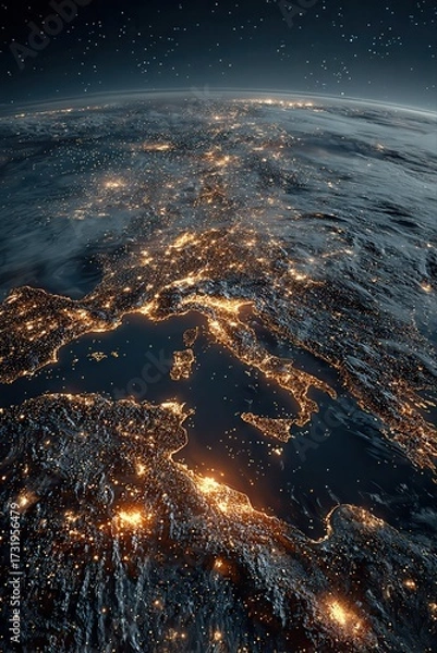 Fototapeta Illuminated Earth at night highlighting Italy and Mediterranean cities glowing with futuristic IoT network connectivity