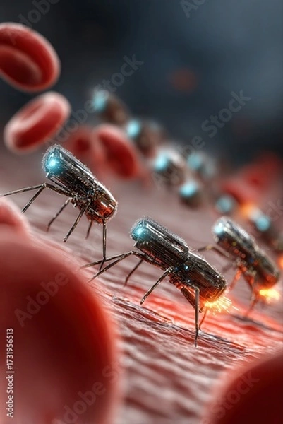 Fototapeta Microscopic futuristic nanobots walking along artery walls, interacting with red blood cells and emitting glowing light as they perform advanced medical treatments