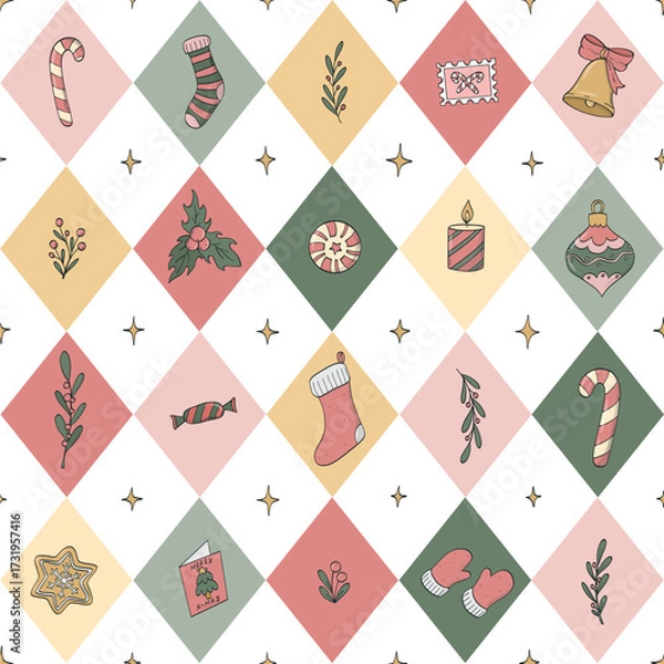 Fototapeta Christmas rhombus seamless pattern with doodles for wrapping paper, backgrounds, scrapbooking, stationery, wallpaper, etc. EPS 10