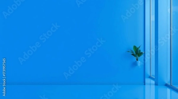 Fototapeta Vibrant Blue with Green Leaf: A solitary, small green leaf elegantly accentuates a vibrant blue space, symbolizing nature’s persistence and beauty within a modern, minimalist environment.