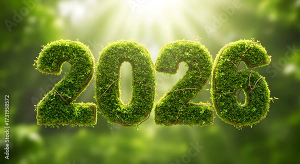 Fototapeta 2026 text with small leaves floating on a green background, symbolizing the celebration of 2026