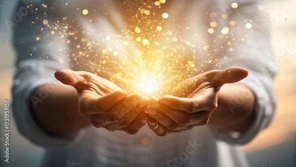 Fototapeta "Person Holding Glowing Golden Light with Sparkles in Hands Symbolizing Energy and Hope"