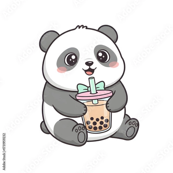Fototapeta Adorable kawaii panda sitting with bubble tea, soft pastel colors, blushing cheeks, playful pose, outlined cartoon vector style.
