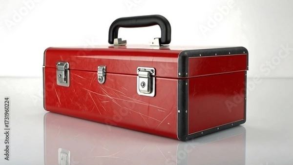 Fototapeta "Red Metal Toolbox with Black Handle and Scratches on Reflective White Surface"