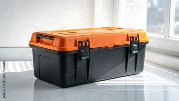 Fototapeta Orange and black plastic toolbox on bright surface with sunlight shining through window 
