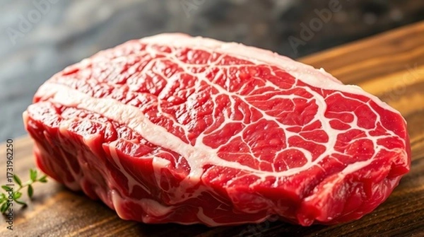 Fototapeta Raw Beef: The detail of the raw beef showcases its rich color and texture. The lighting enhances the quality and freshness of the meat, offering a delicious appeal.