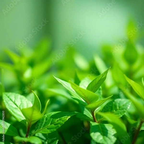 Fototapeta Vibrant Green Plants: A macro shot showcasing fresh, verdant leaves in the soft glow, illustrating the elegance of nature and evoking a sense of calm.