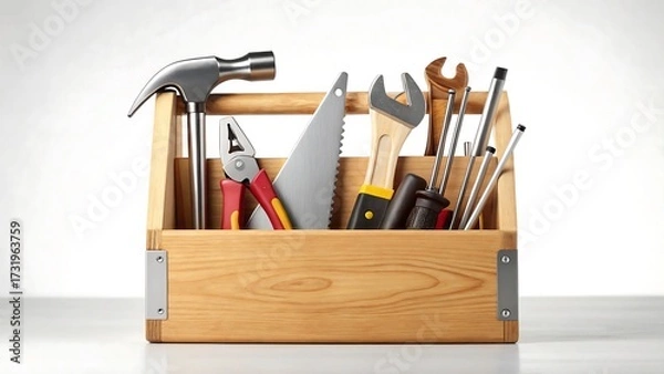 Fototapeta Wooden toolbox filled with various hand tools including hammer, saw, wrench, and screwdrivers representing repair and maintenance concept  
