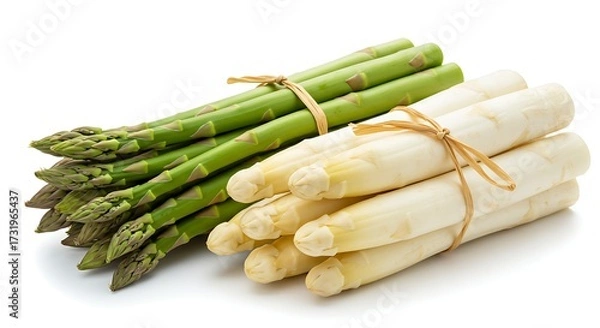 Obraz Fresh Green and White Asparagus Bundles Tied with Raffia on White Background, High-Resolution Minimal Food Photography