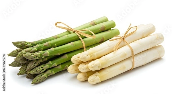 Obraz Fresh Green and White Asparagus Bundles Tied with Raffia on White Background, High-Resolution Minimal Food Photography