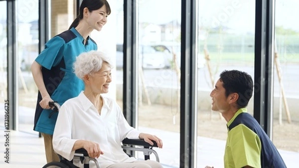Obraz 介護施設で挨拶をする高齢者と介護士