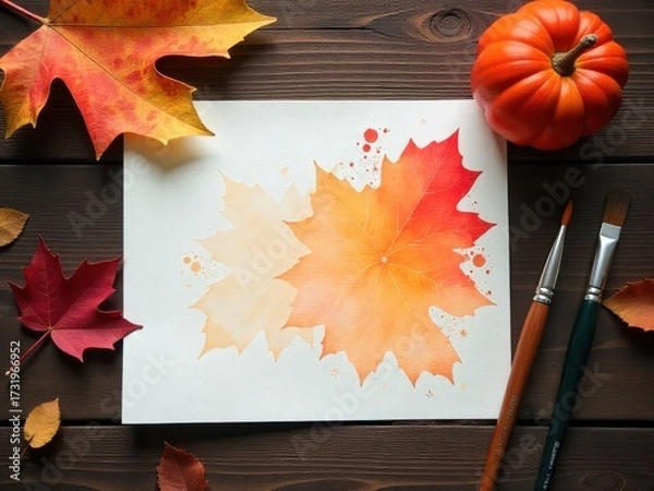 Fototapeta Autumnal Watercolor Maple Leaves and Pumpkin Still Life