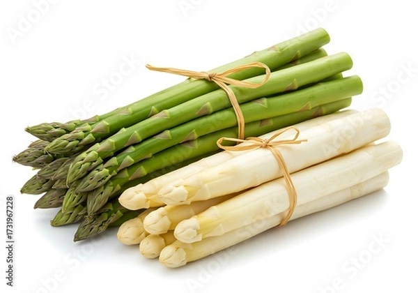 Obraz Fresh Green and White Asparagus Bundles Tied with Raffia on White Background, High-Resolution Minimal Food Photography