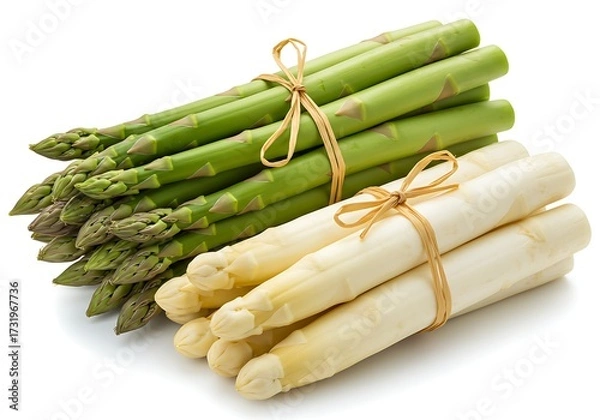 Obraz Fresh Green and White Asparagus Bundles Tied with Raffia on White Background, High-Resolution Minimal Food Photography