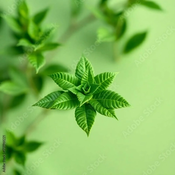Fototapeta Fresh Green Foliage: A captivating macro shot that isolates a vibrant cluster of fresh green foliage, radiating with life and detail, creating a serene and refreshing visual experience.