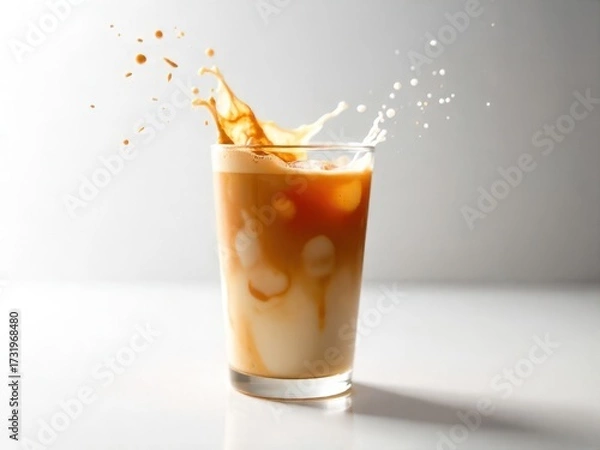 Fototapeta Iced Coffee Splash Refreshing Beverage with Ice Cubes in a Glass