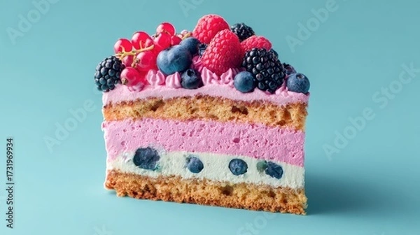 Fototapeta A slice of layered cake adorned with fresh berries.