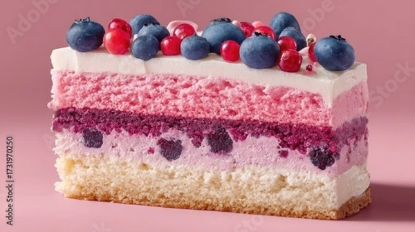 Fototapeta Close-up of a layered cake slice with vibrant colors and fresh berries.