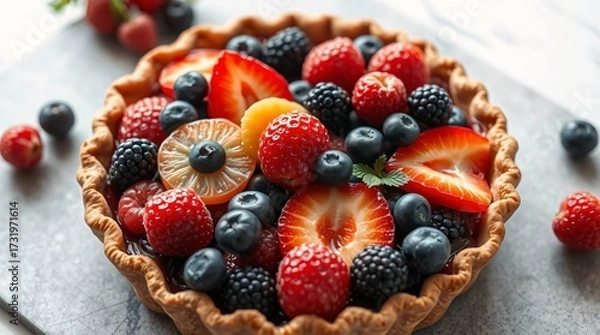 Fototapeta Fruity Tart: A close-up shot of a vibrant fruit tart, overflowing with a colorful assortment of fresh berries, baked to a golden brown perfection.
