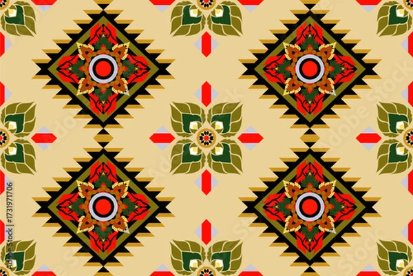 Fototapeta Seamless bohemian tribal floral pattern with bold red, green, and black geometric elements on beige background. Ideal for textiles, fashion, and ethnic decoration.