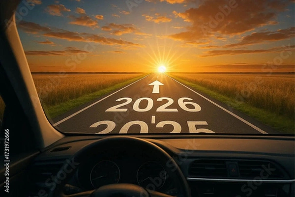 Fototapeta Driving on the Road to the Future, Journey from 2025 year to the new year 2026.webp