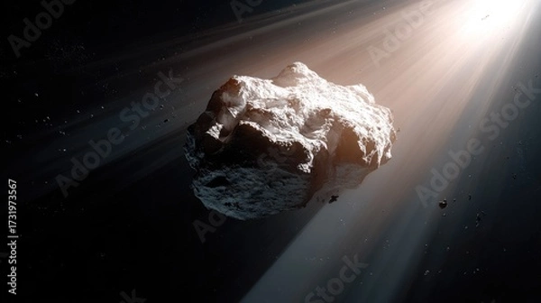Fototapeta A large asteroid in space, illuminated by sunlight.