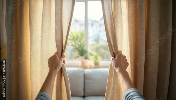 Fototapeta Hands opening curtains to reveal bright natural light and a window view