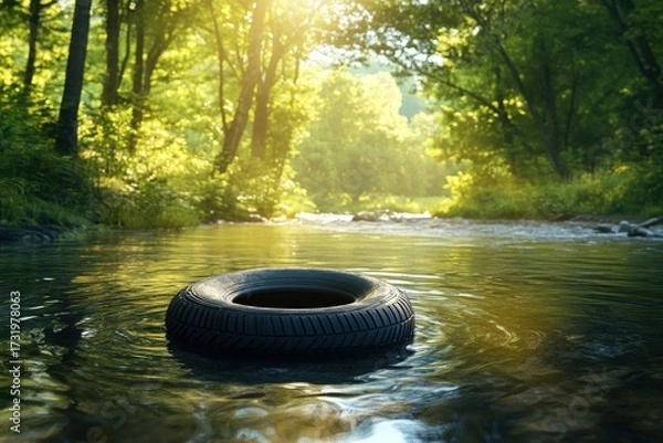 Fototapeta A tire floats in a serene river amid lush green trees, lit by the sun