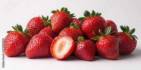 Fototapeta A vibrant group of ripe strawberries, some whole and one sliced, against a white backdrop