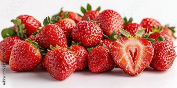 Fototapeta Pile of vibrant red berries, one cut in half to expose the interior. Green leaves