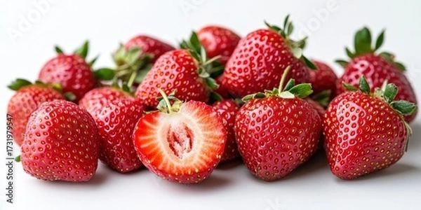 Fototapeta Close-up of fresh, ripe strawberries, some whole, one sliced, on a white surface