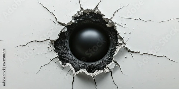 Fototapeta A hole in a white surface with radial cracks, revealing a sphere within a dark interior