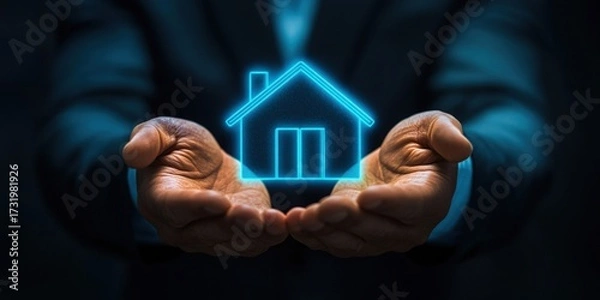 Fototapeta Hands cradling a glowing, outlined house symbol, symbolizing real estate