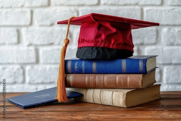 Fototapeta Stacked books with a graduation cap on top, diploma on a wooden table, white brick wall