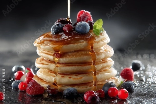 Fototapeta Stack of pancakes with maple syrup and berries.