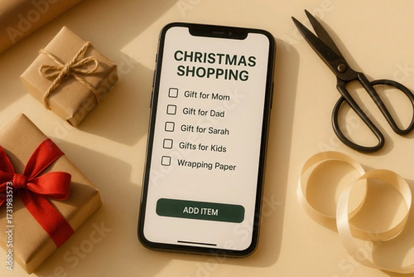 Fototapeta Holiday gift shopping list on smartphone with wrapped presents and scissors for a festive preparation