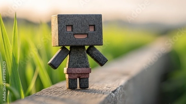 Fototapeta Wooden figurine of a simple character stands on a weathered plank.