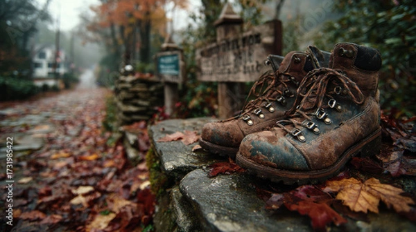 Fototapeta Worn hiking boots rest on stone ledge along leaf strewn path in misty autumn forest, evoking sense of adventure