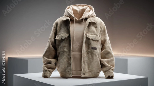 Fototapeta Corduroy jacket displayed on ghost mannequin with hoodie, set against white cyclorama for retail catalog
