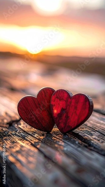 Fototapeta Two Red Hearts on Weathered Wood Surface at Warm Sunset Creating Romantic Atmosphere Valentines Day Concept Blurred Background