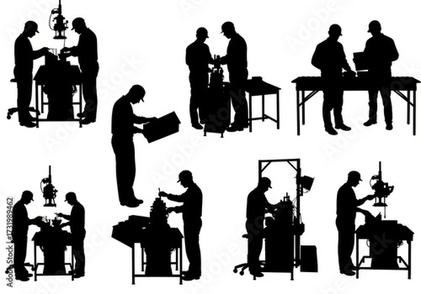 Fototapeta Silhouetted figures engaged in various tasks, suggesting a workshop or production line environment
