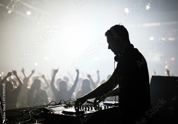 Fototapeta Energetic DJ spinning tracks for an ecstatic crowd at a live music festival, silhouetted against bright stage lights