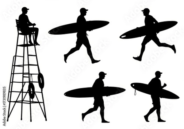 Fototapeta Coastal life in silhouette a dedicated lifeguard observing the waves while enthusiastic surfers carry their boards, symbolizing beach safety and an active lifestyle