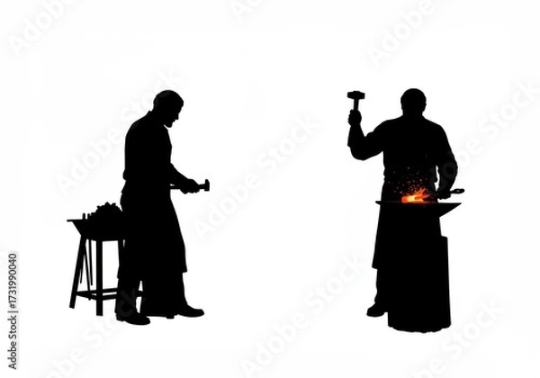 Fototapeta Silhouetted Blacksmiths at Work Crafting Metal with Hammer and Anvil