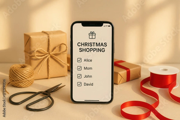 Fototapeta Festive holiday shopping list displayed on mobile phone with gifts and wrapping accessories